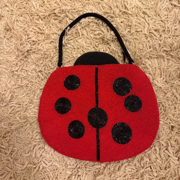 VTG Red Black Seed Beaded Ladybug Purse & Wallet Set Kitsch Handbag Mid-Century - Picture 3 of 10